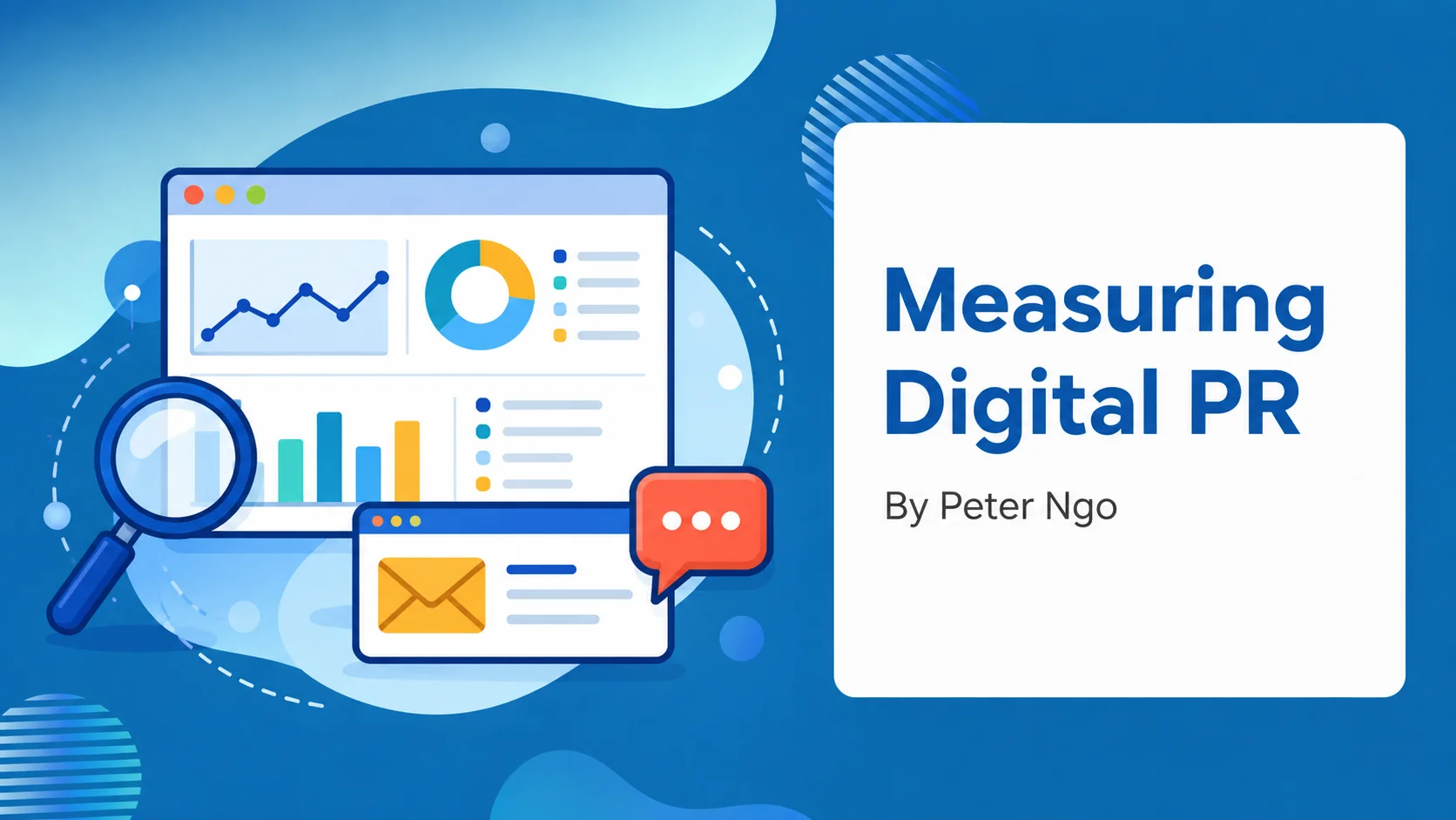 Digital PR measurement illustrated with an analytics dashboard, magnifying glass and enquiry messages