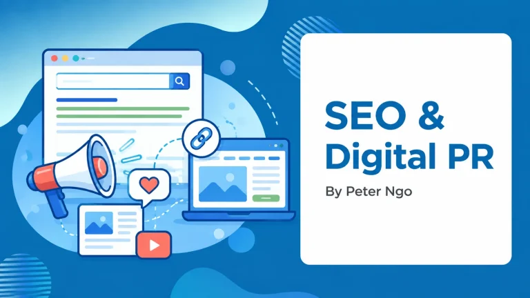 SEO & Digital PR: search browser and media megaphone connected to a useful website
